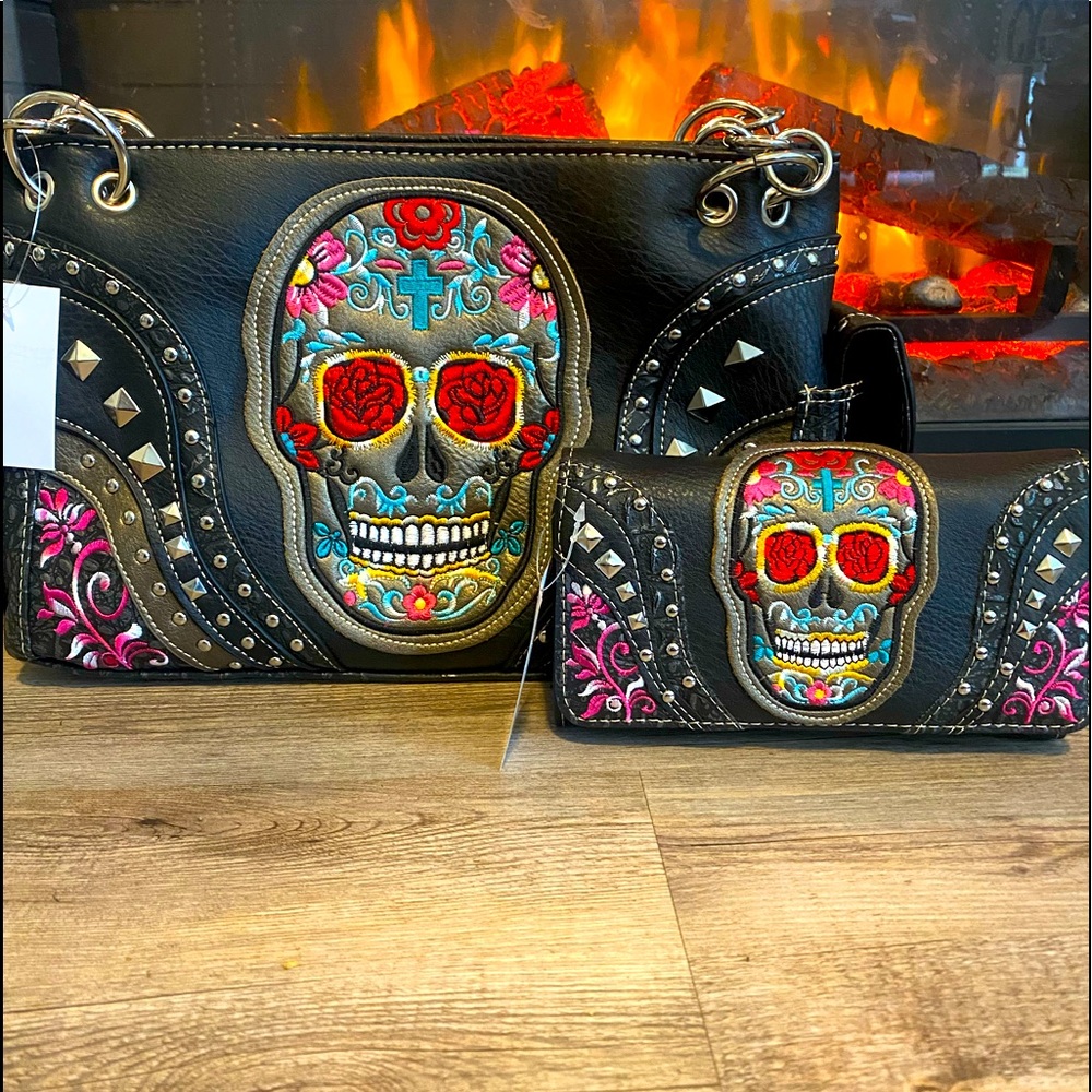 Concealed Carry Sugar Skull Embroidery Studded Shoulder Bag w/ wallet bundle